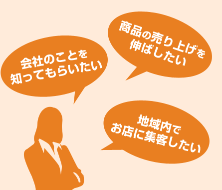 商品の売り上げを伸ばしたい。会社のことを知ってもらいたい。地域内でお店に集客したい